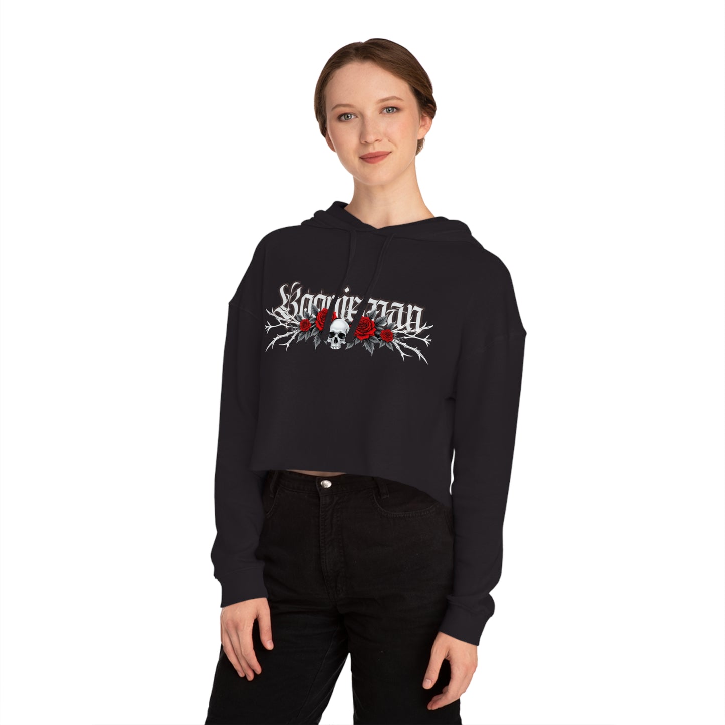 Roses and Skulls Cropped Hooded Sweatshirt