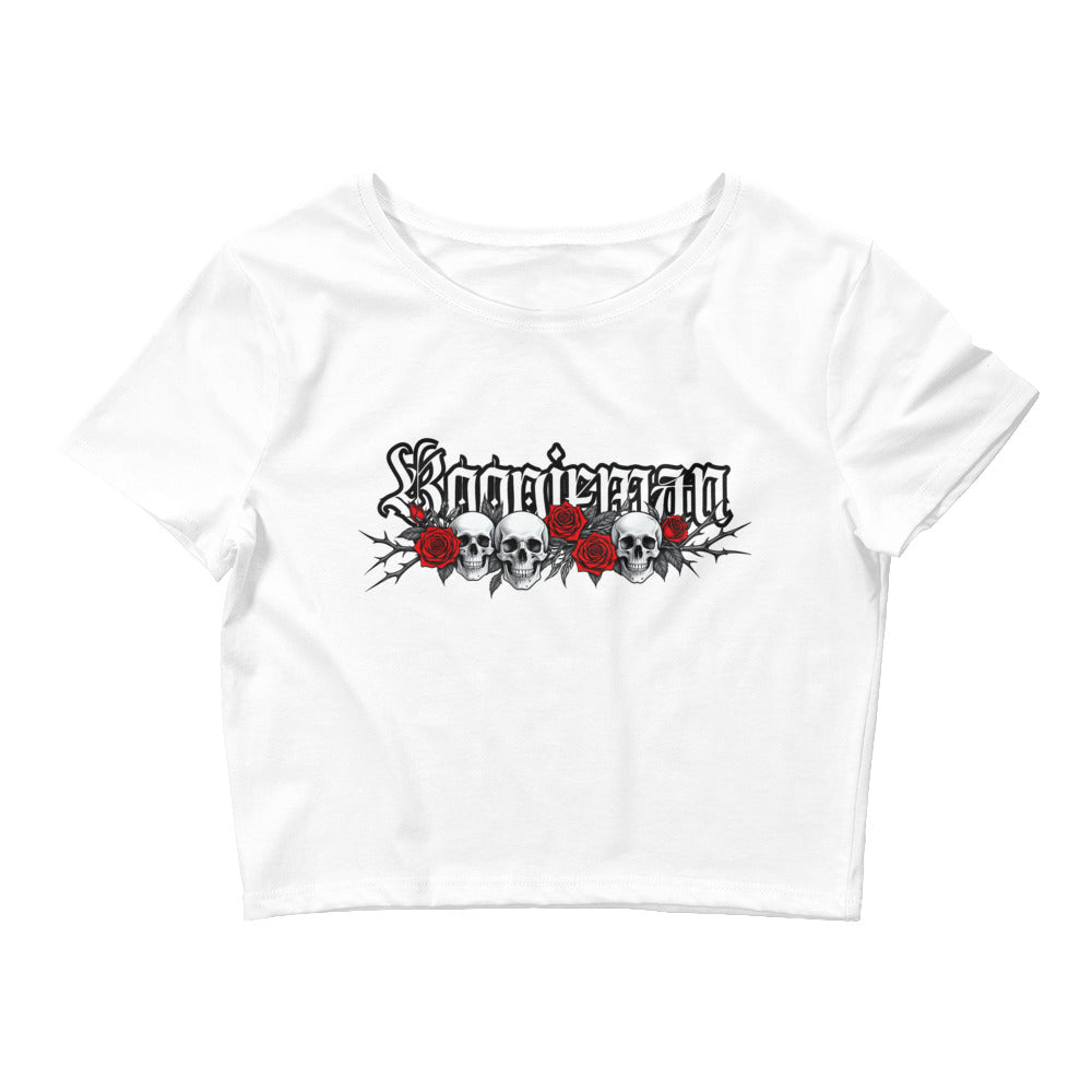 Women’s Skull and Roses Crop Tee (White)