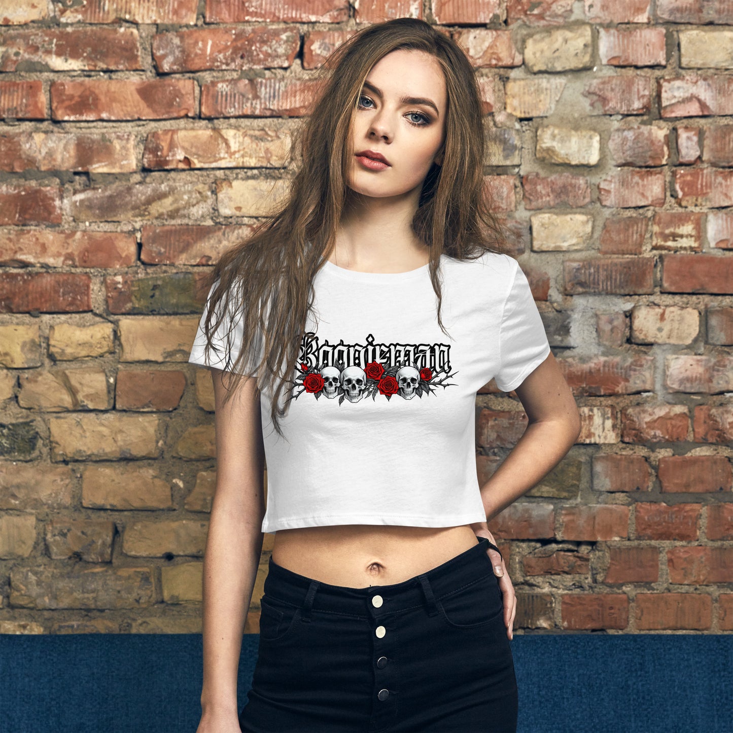 Women’s Skull and Roses Crop Tee (White)